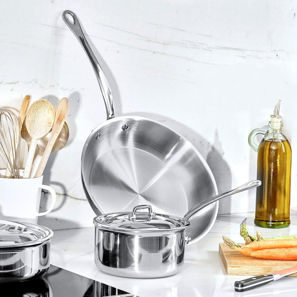 Mauviel M'Cook 5-Ply Polished Stainless Steel Sauce Pan With Lid, And Cast Stainless Steel Handle, 6-Qt, Made In France