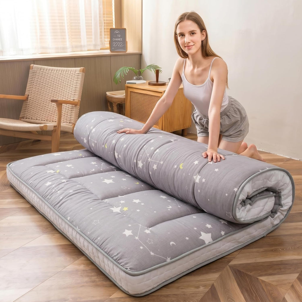 MAXYOYO Grey Constellation Futon Mattress, Japanese Floor Mattress Quilted Mattress Topper, Extra Thick Folding Sleeping Pad Breathable Floor Lounger Guest Couch for Camping, King