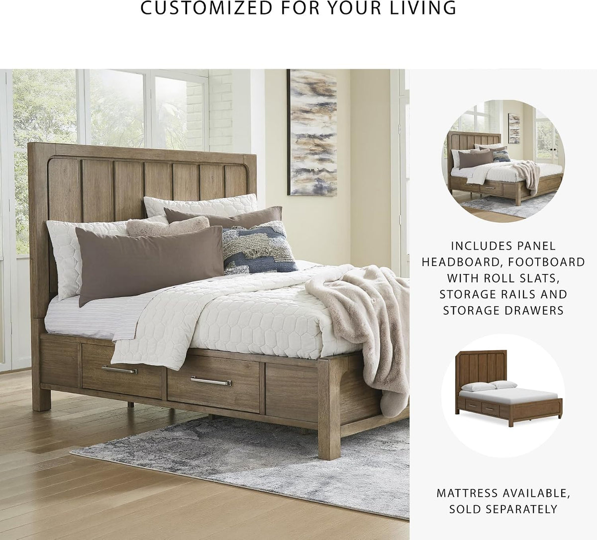 Signature Design by Ashley Cabalynn Modern 4-Drawer Queen Platform Bed with Storage, Foundation or Box Spring Not Needed, Light Brown