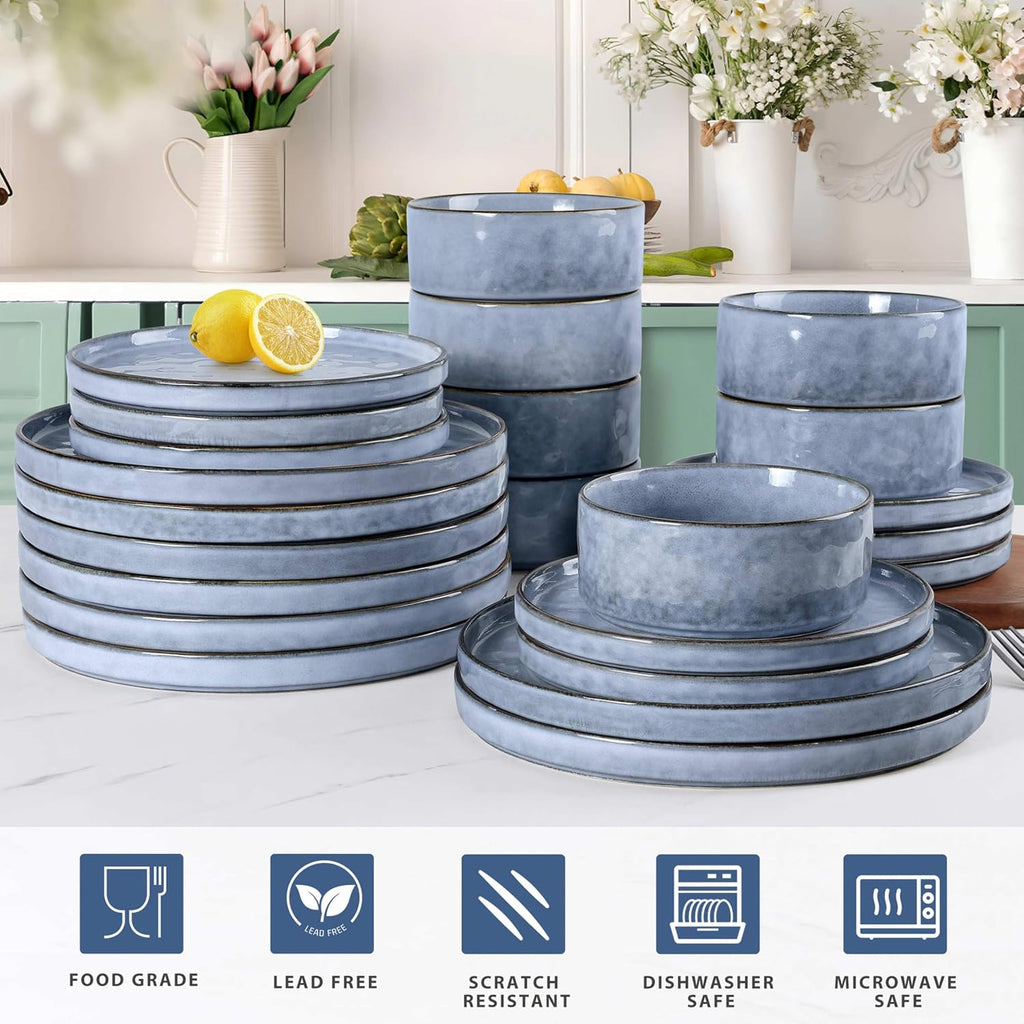 LIANYU 24 Pcs Plates and Bowls Dinnerware Sets for 8, Stoneware Dinner Dish Set, Dishware for Dessert Salad Pasta, Microwave & Dishwasher Safe, Serenity Blue