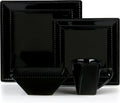 Stylish and Elegant 16 Piece Square Beaded Stoneware Dinnerware set Service for Hosting Parties and Events - Black, 16 Piece, Square Beaded