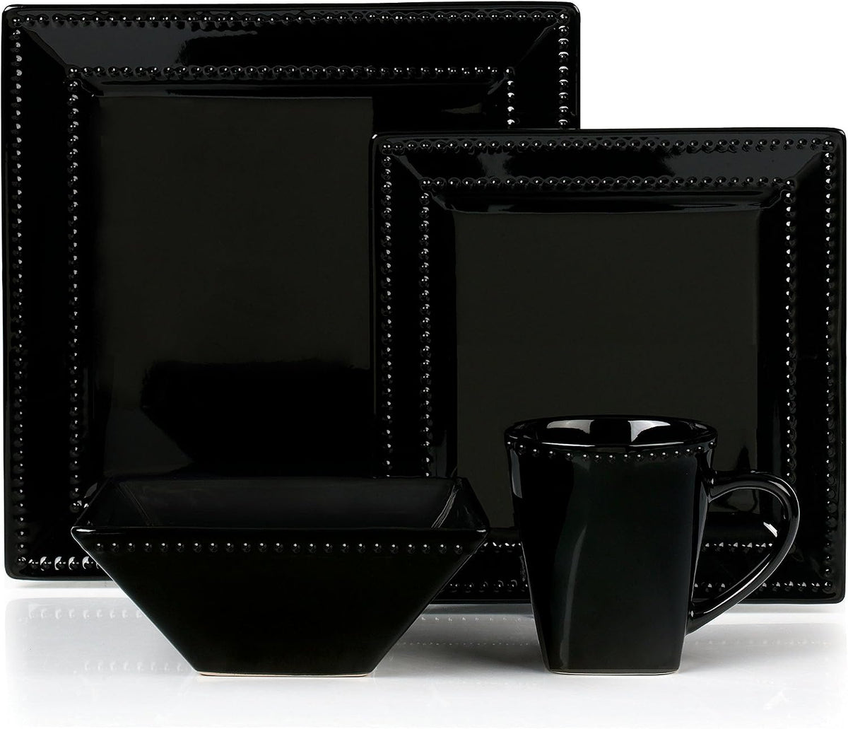Stylish and Elegant 16 Piece Square Beaded Stoneware Dinnerware set Service for Hosting Parties and Events - Black, 16 Piece, Square Beaded
