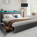 Doltoro King Size Bed Frame with 4 Storage Drawers and Headboard, Upholstered King Platform Bed with Charging Station and LED Lights, Noise-Free, No Box Spring Needed, Easy Assembly, Gray
