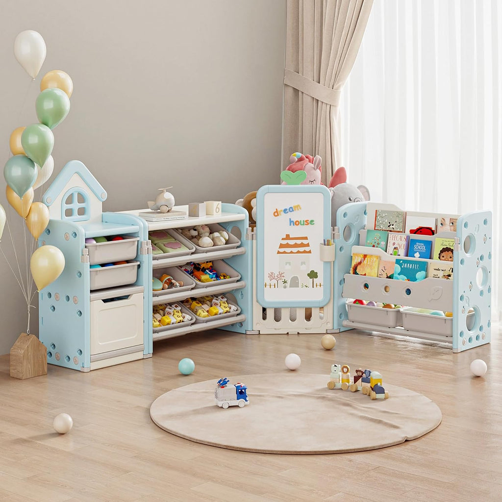 Kids Toy Storage Organizer with 10 Removable Bins, Foldable Toy Organizers and Storage with 3-Tier Bookshelf for Kids Toy Storage Organizer with Drawing Board, Extra 3 Brushes (4 In 1 Light Blue)