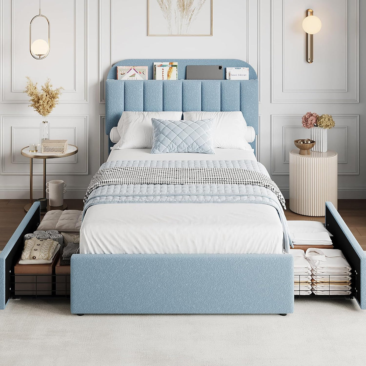 GarveeHome Twin Bed Frame with Storage Headboard, Kids Bed Frame with 2 Drawers, Boucle Upholstered Platform Bed with Bookcase, No Box Spring Needed, Easy Assembly, Blue
