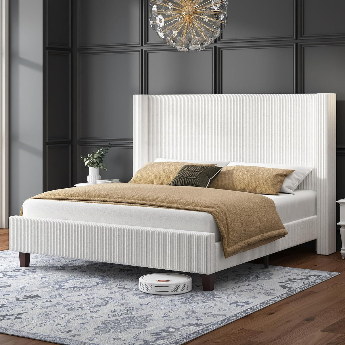 HOWE King Size Bed Frame with 50.8' Tall Wingback Headboard, Modern Corduroy Upholstered Platform Bed Frame with Solid Wood Slats & Legs, No Box Spring Needed, Noise-Reducing Design, White