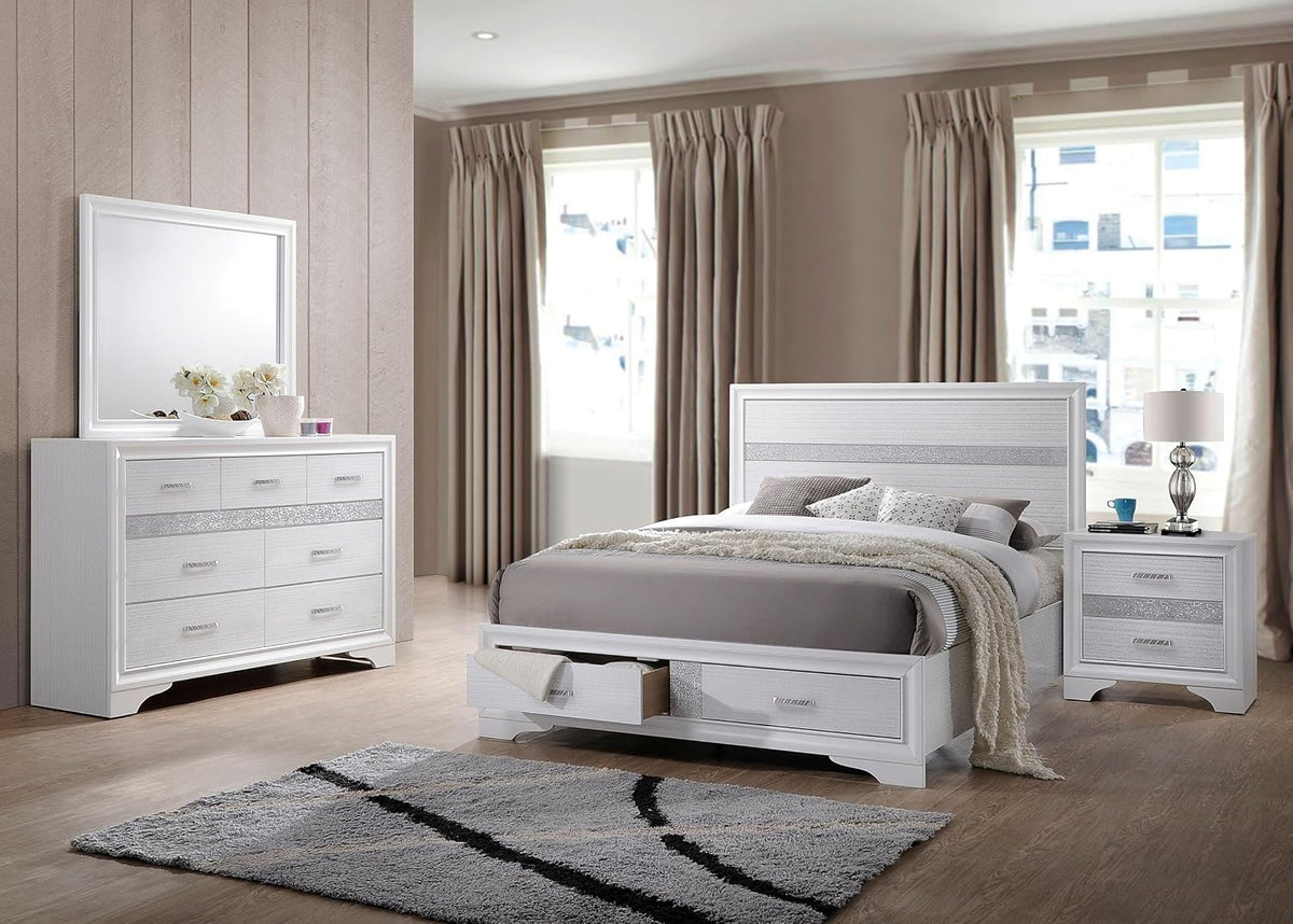 Coaster Home Furnishings Miranda Contemporary 4-Piece Bedroom Set Queen Size Storage Panel Bed Frame 50-inch Headboard White 205111Q-S4