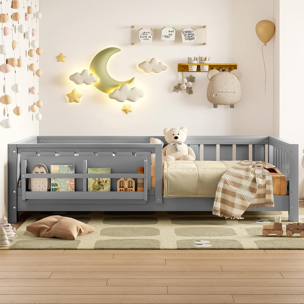 Bellemave Twin Size Montessori Floor Bed with Rails and Slats, Twin Size Floor Bed with Bookshelf and Fence, Low Profile Montessori Beds Frame for Girls, Boys, White