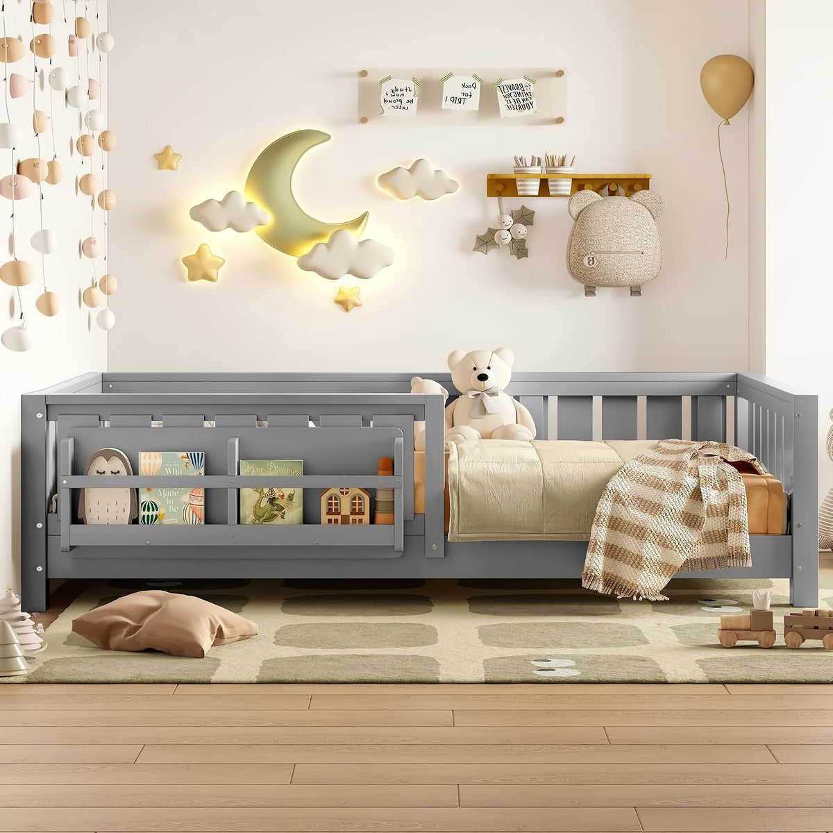 Bellemave Twin Size Montessori Floor Bed with Rails and Slats, Twin Size Floor Bed with Bookshelf and Fence, Low Profile Montessori Beds Frame for Girls, Boys, White
