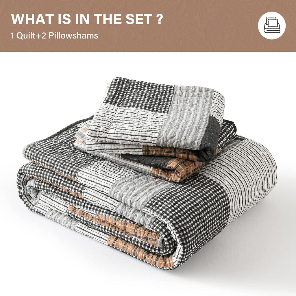 SahSahCasa Quilt King Size, King Quilt Set, 100% Cotton King Quilt Bedding Set Bedspread, Farmhouse Patchwork Quilt, Plaid Reversible Lightweight Rustic Comforter, Grey Black Brown White, 3 Pieces