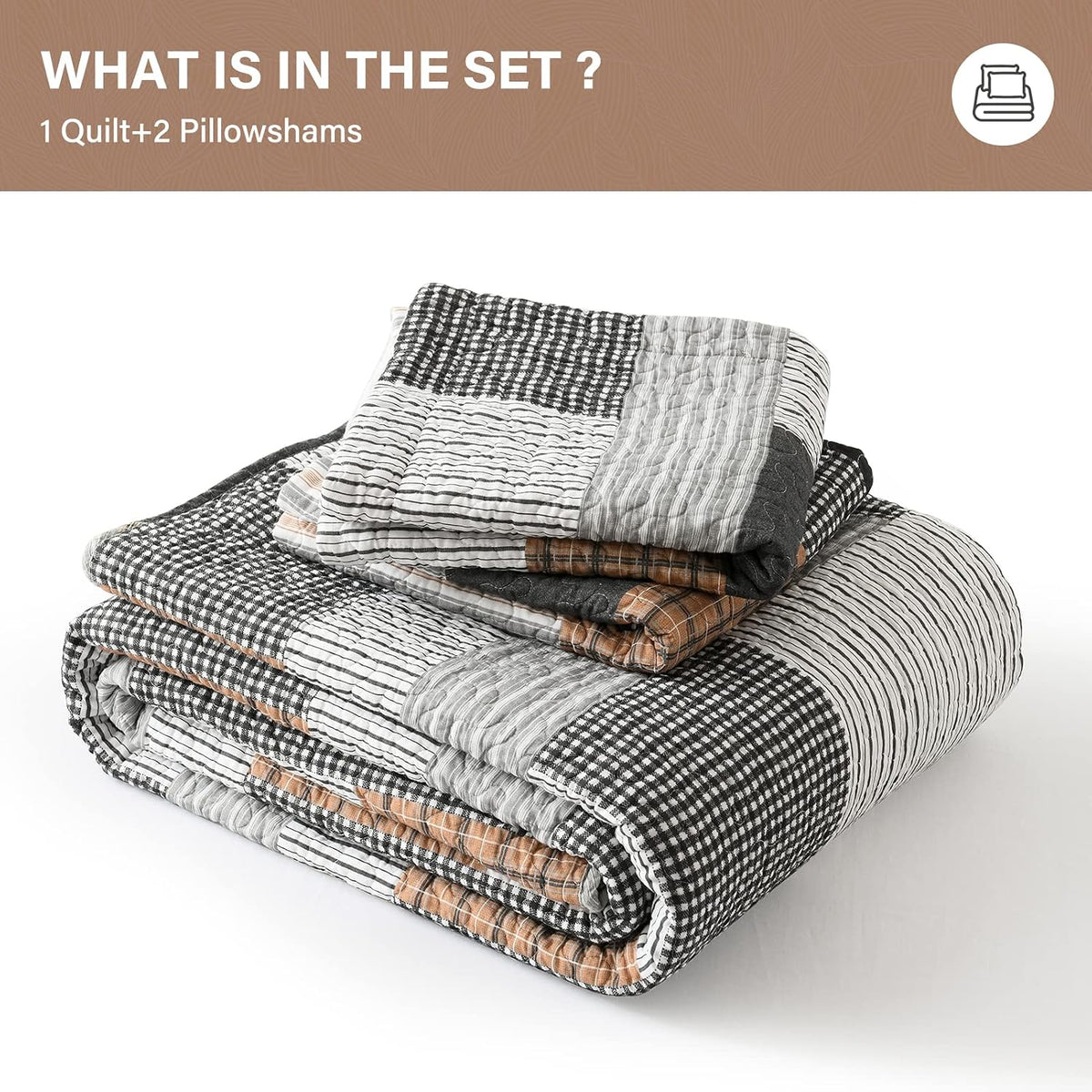SahSahCasa Quilt King Size, King Quilt Set, 100% Cotton King Quilt Bedding Set Bedspread, Farmhouse Patchwork Quilt, Plaid Reversible Lightweight Rustic Comforter, Grey Black Brown White, 3 Pieces