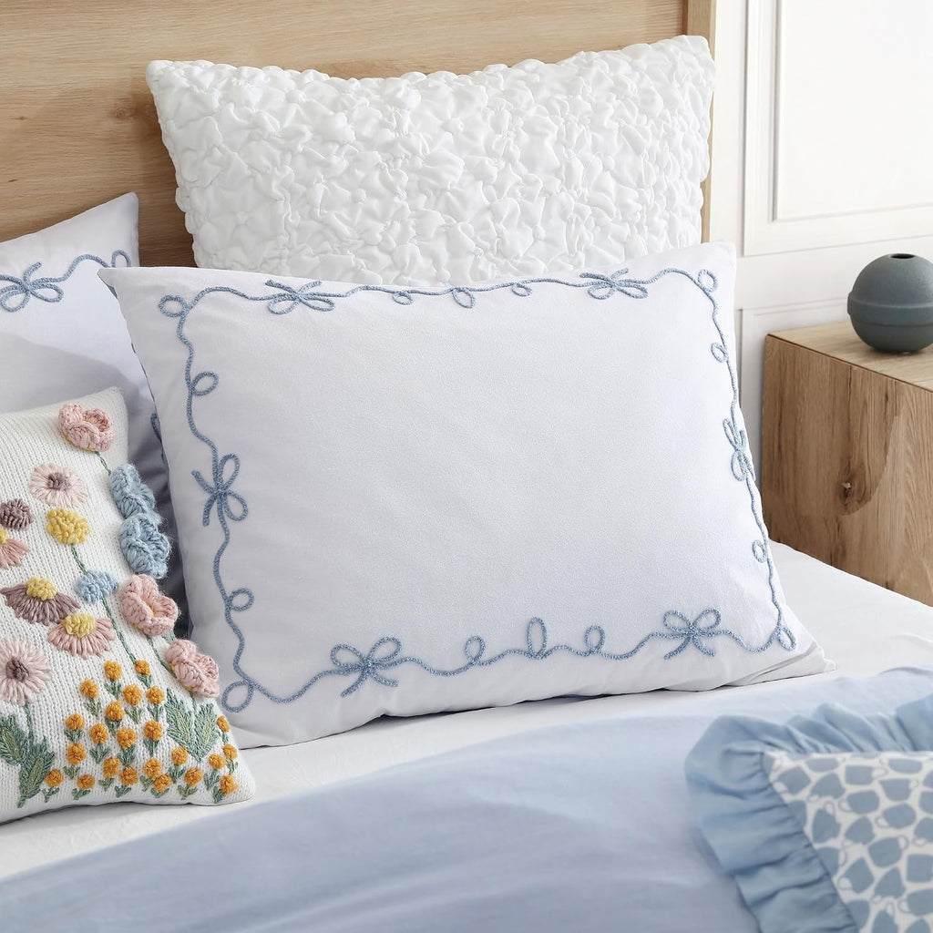 Peri Home Bows Duvet Cover Set 100% Cotton 3-Piece Bedding, King, Blue Sasha Bows