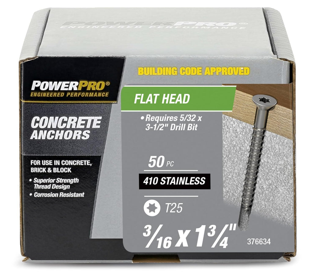 Power Pro Concrete Screw Anchors #410 Stainless Flat (3/16' x 1-3/4') 100-Piece