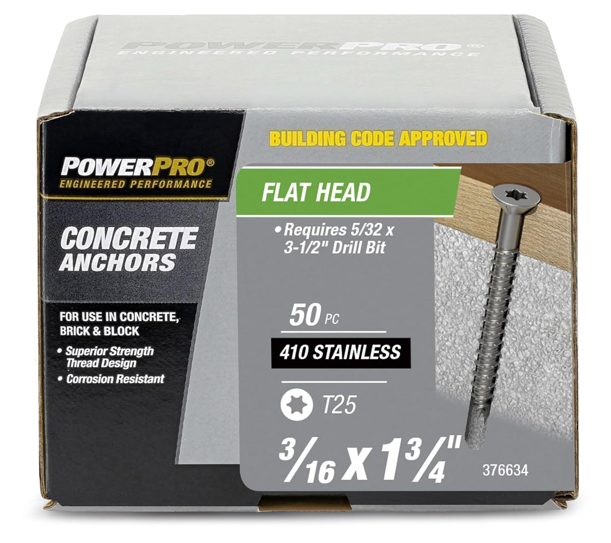 Power Pro Concrete Screw Anchors #410 Stainless Flat (3/16' x 1-3/4') 100-Piece