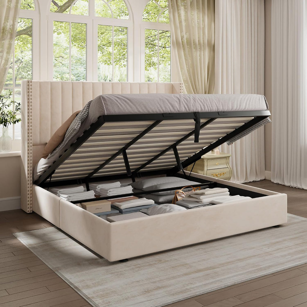 Jocisland Upholstered King Size Lift up Storage Bed Frame, Platform Bed Velvet with Channel Tufted Wingback Headboard, No Box Spring Needed, Cream