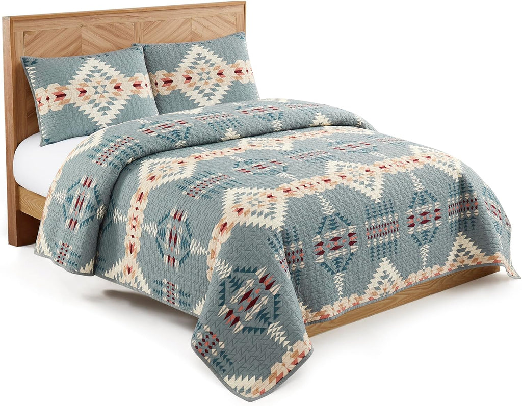 Pendleton King Quilt Set – 100% Cotton 3 Piece Quilt Set with Shams, Soft Lightweight Bedding for King Size Bed, Light Blue Patterned Comforter Alternative, King Bedding Set (Rancho Arroyo)