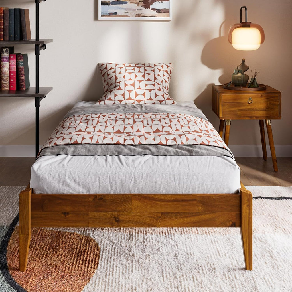 Bme Dinkee Twin Bed Frames without Headboard, Acacia Wood 15 Inch Platform Bed, Slat Support, Japanese Joinery Bed, No Box Spring Needed, Easy Assembly, Minimalist Modern and Bohemian Style, Caramel