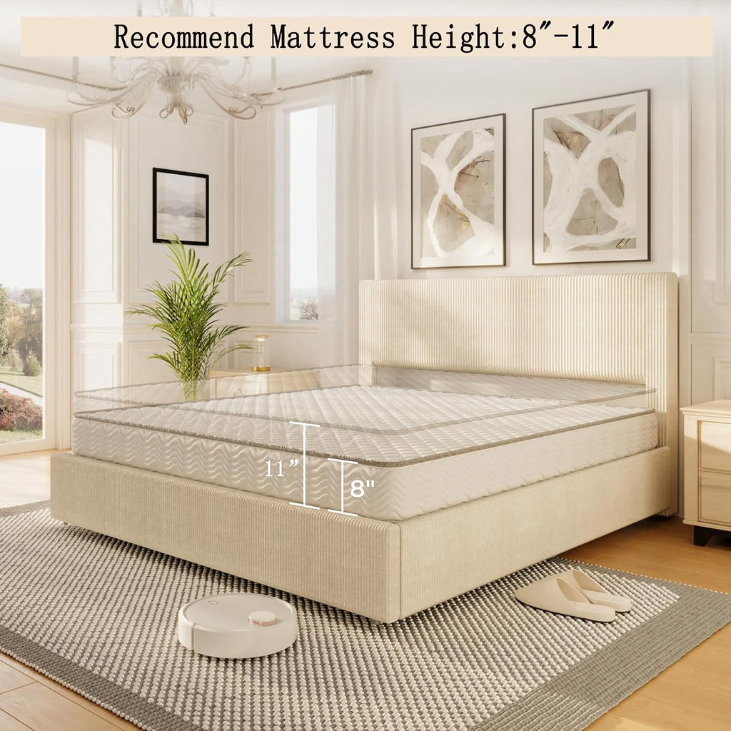 Garvee Corduroy Bed Frame with Headboard, Platform Upholstered King Size Bed Frame with 4 Storage Drawers and Wooden Slats Support, No Box Spring Needed, Beige
