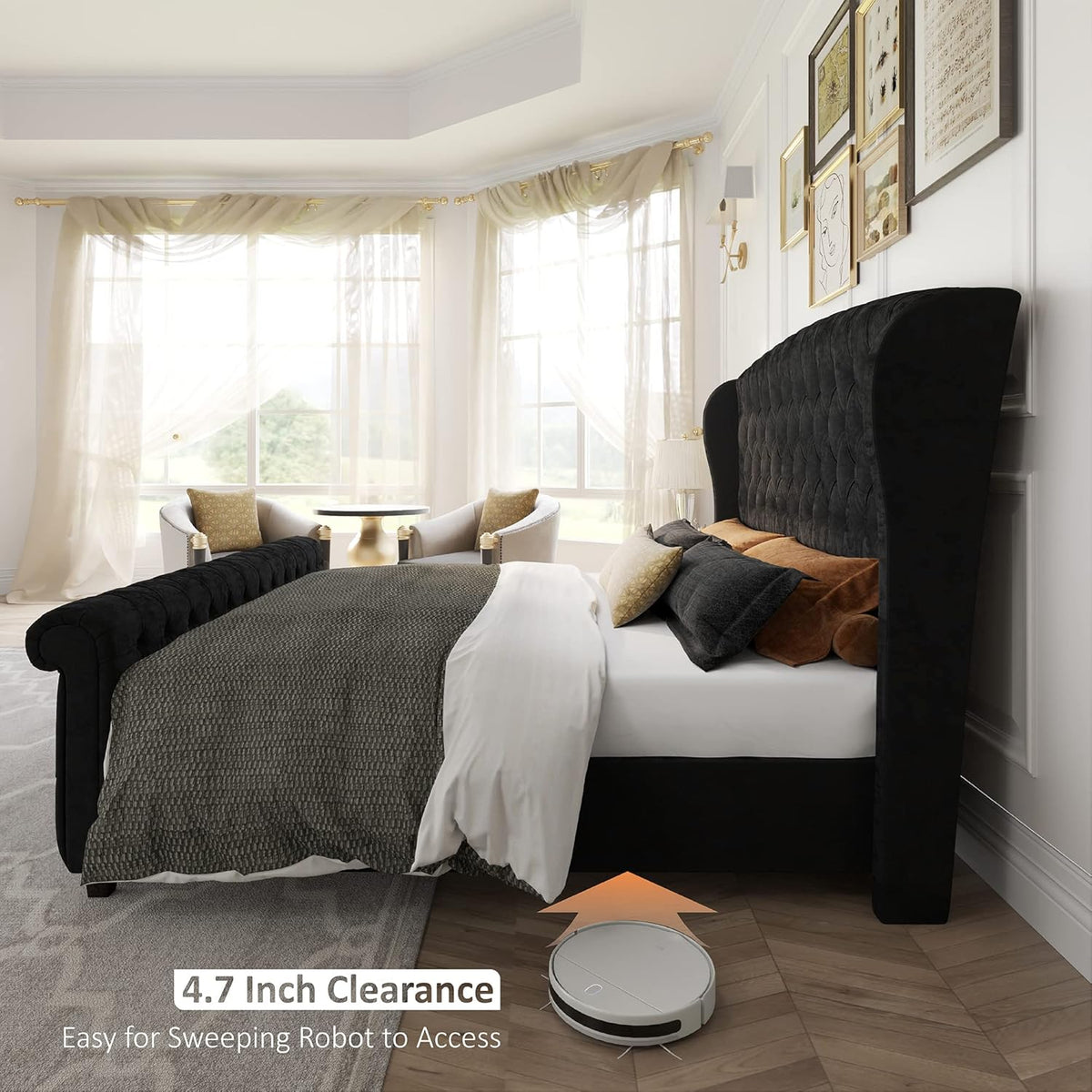 AMERLIFE Queen Size Platform Bed Frame, Velvet Upholstered Sleigh Bed with Scroll Wingback Headboard Footboard/Button Tufted/No Box Spring Required/Easy Assembly/Black