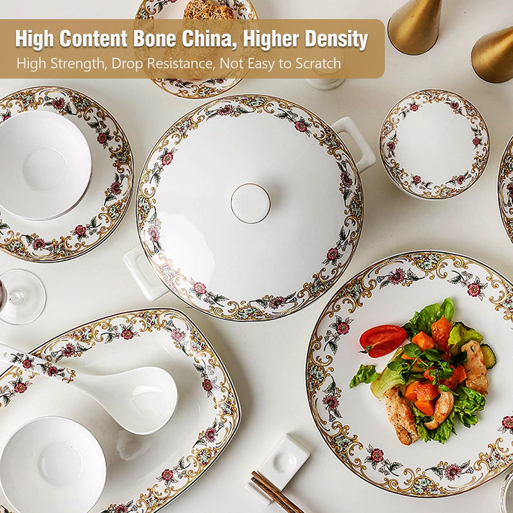 ACMLIFE Bone China Dinnerware Set for 4, 12-Piece Vintage Floral Dinnerware Set, Kitchen Plates and Bowls Set, Christmas Gifts for Women (White)