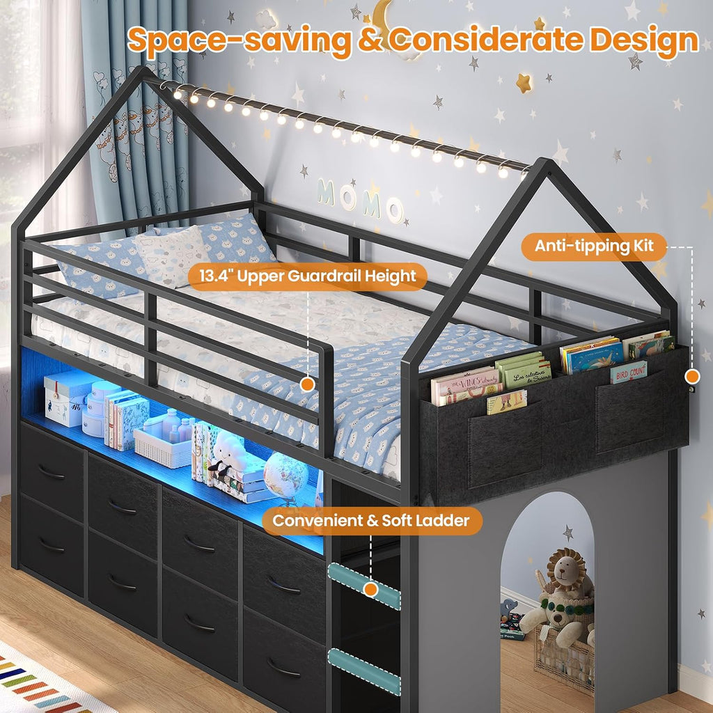 BTHFST Twin Size Loft Bed for Kids, 8 Storage Drawers & LED Lights, House Shaped Metal Bed with Bookcase, Soft Foam Ladder, 13.4' Safety Guardrail, Space Saving, Fun Curtain