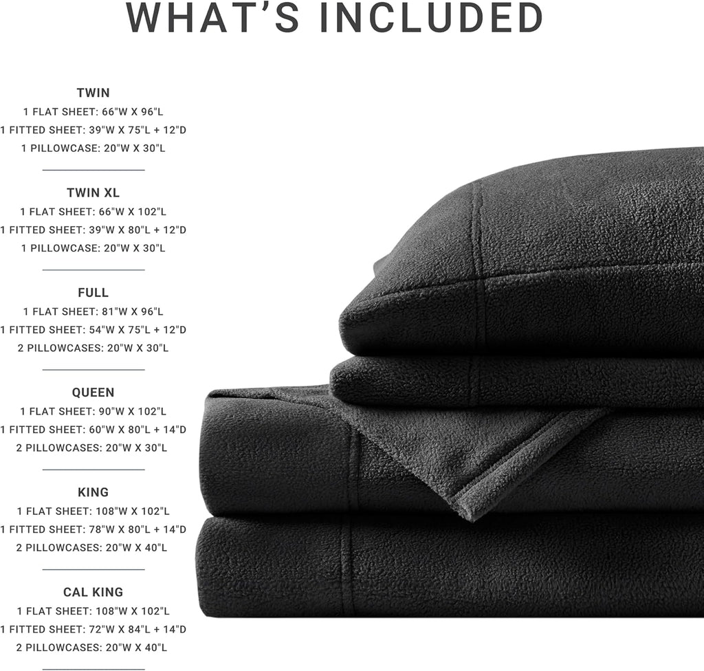 True North by Sleep Philosophy Micro Fleece Bed Sheet Set, Warm, Sheets with 14' Deep Pocket, for Cold Season Cozy Sheet-Set, Matching Pillow Case, Cal King, Black, 4 Piece
