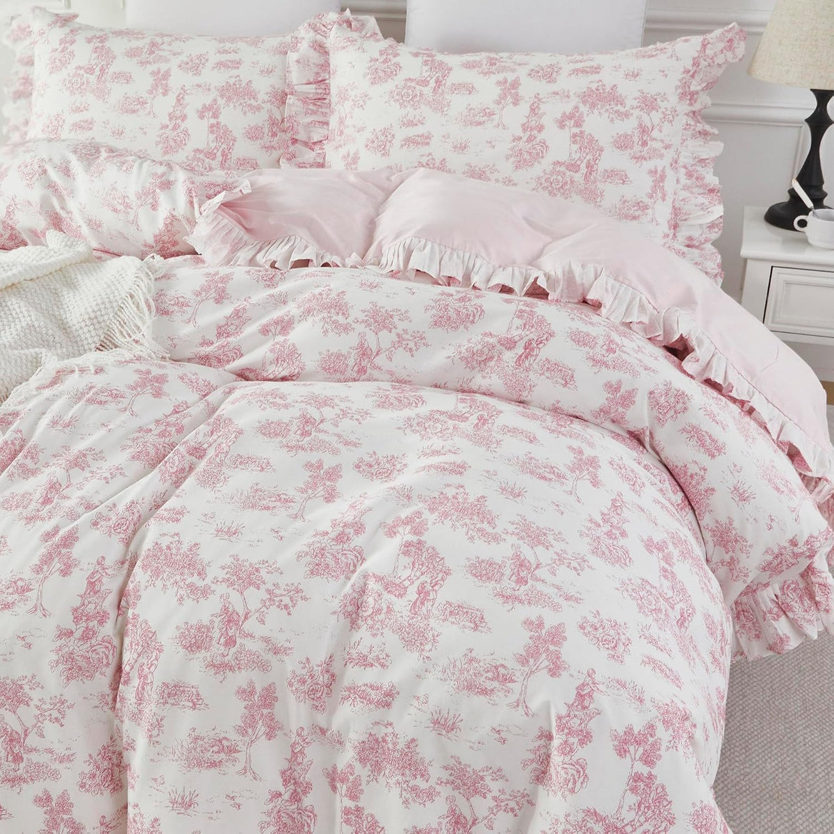 Brandream French Country Toile Queen Duvet Cover Set for Girl Women Bedroom Vintage Pink Toile Floral Print 100% Cotton Duvet Quilt Comforter Cover Pillow Shams Set with Delicate Ruffle Fringe