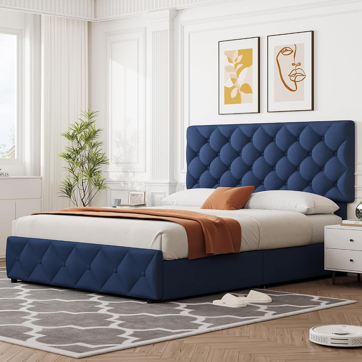 GarveeHome Queen Size Bed Frame with 4 Storage Drawers and Adjustable Headboard, Linen Upholstered Platform Beds, Diamond Stitched Button Tufted, No Box Spring Needed, Blue