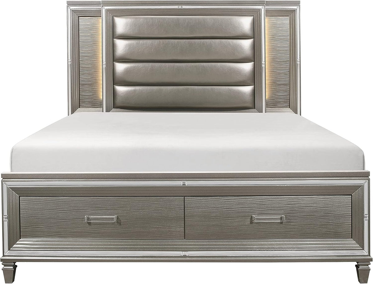 Glam Luxury Silver Gray Finish 3-Piece Bedroom Set King Size Platform Stoarge Bed and Two Nightstands Tufted LED Headboard Furniture
