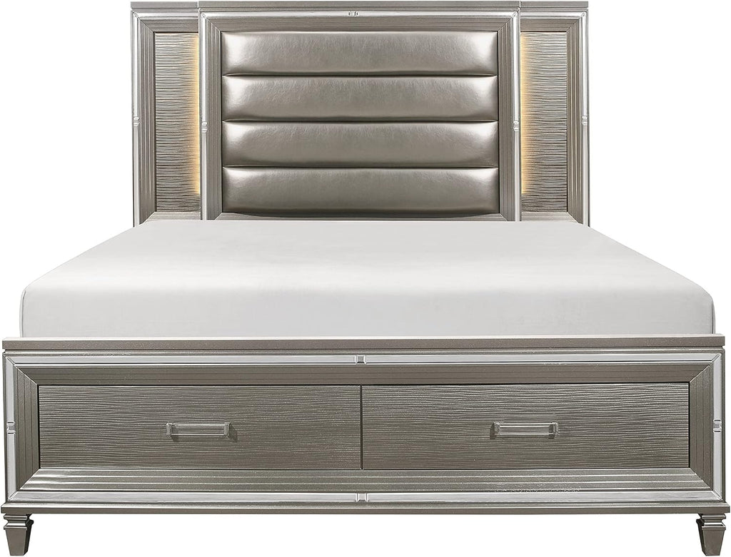 3pc LED Light Bedroom Set King Size Platform Bed Upholstered Headboard Silver Gray Finish Wooden Furniture