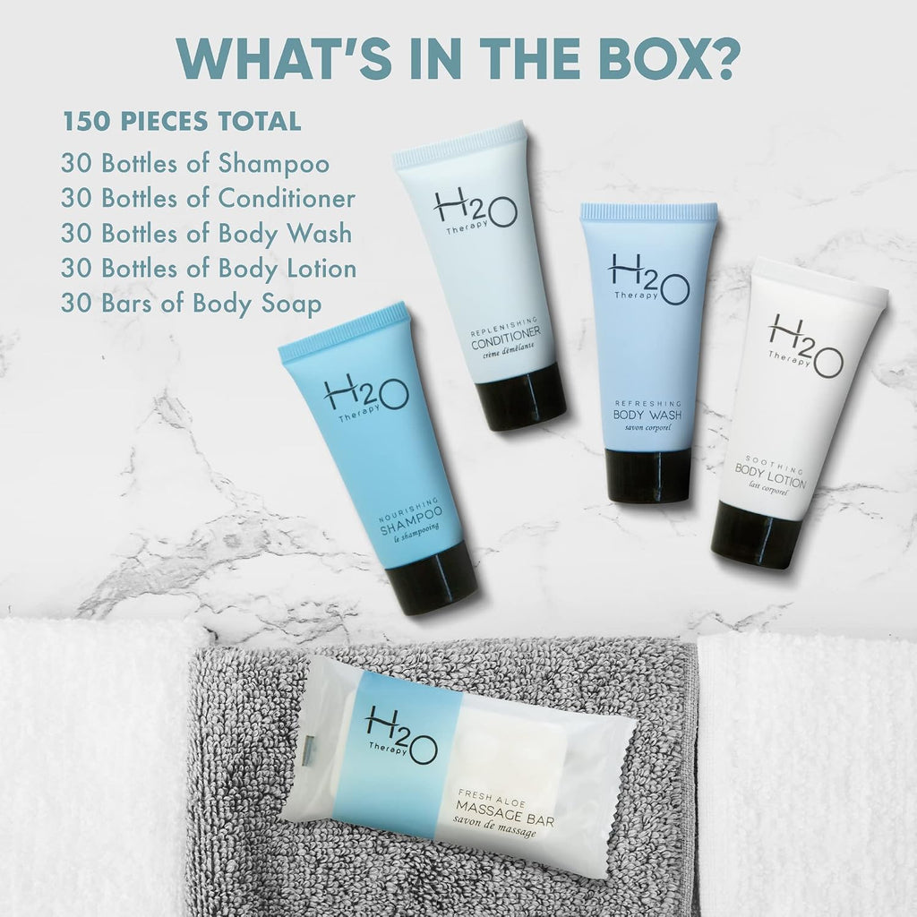H2O Therapy Hotel Soaps & Toiletries Bulk Set | 1-Shoppe Amenities Kit | 0.85oz Shampoo & Conditioner, Body Wash, Lotion, 1oz Bar Soap | Travel Size | 150 Pieces | Bulk Set