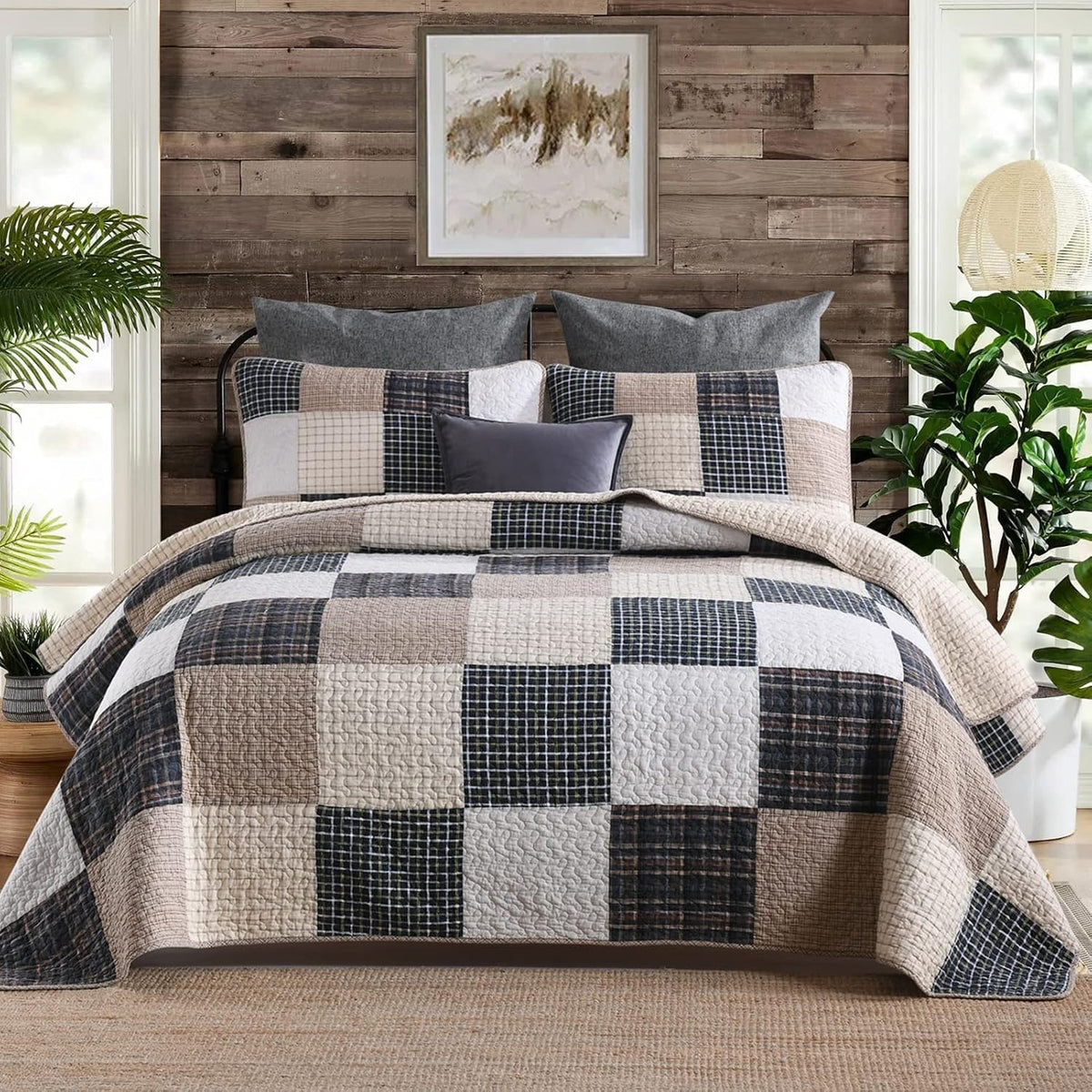 SahSahCasa Quilt Queen Size, Queen Quilt Set, 100% Cotton Queen Quilted Bedding Set Bedspread, Patchwork Farmhouse Quilts, Plaid Lightweight Rustic Comforter for Queen Bed, Beige, for All Season