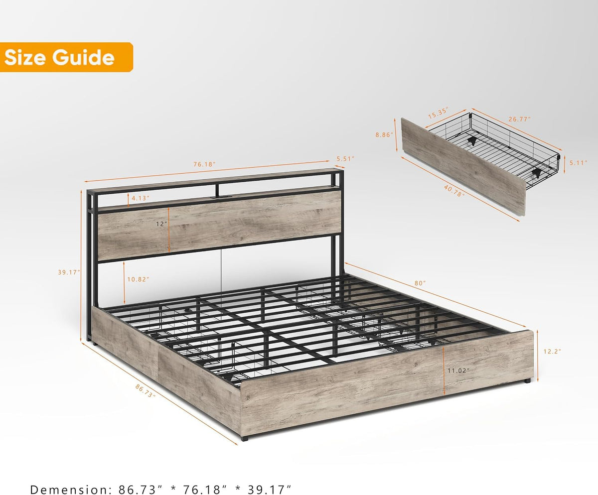 King Bed Frame with 4 Storage Drawers,Storage Headboard with Charging Station, Solid and Stable, Noise Free, No Box Spring Needed, Easy Assembly,Gray(King)