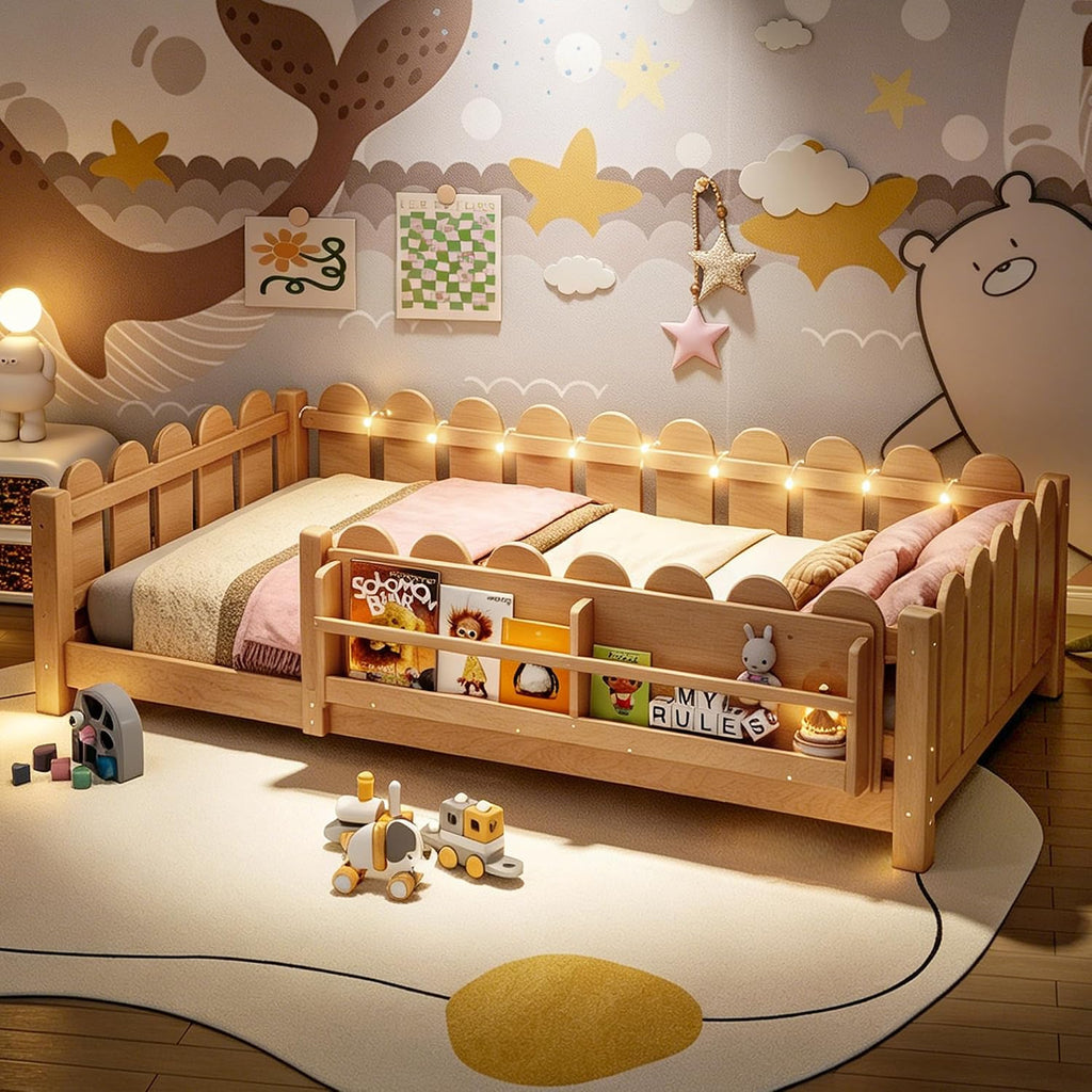 Bellemave Twin Floor Bed with Rails and Slats, Twin Size Montessori Floor Bed with Bookshelf, Fence and Lights, Low Profile Montessori Beds Frame for Girls, Boys, Light Natural