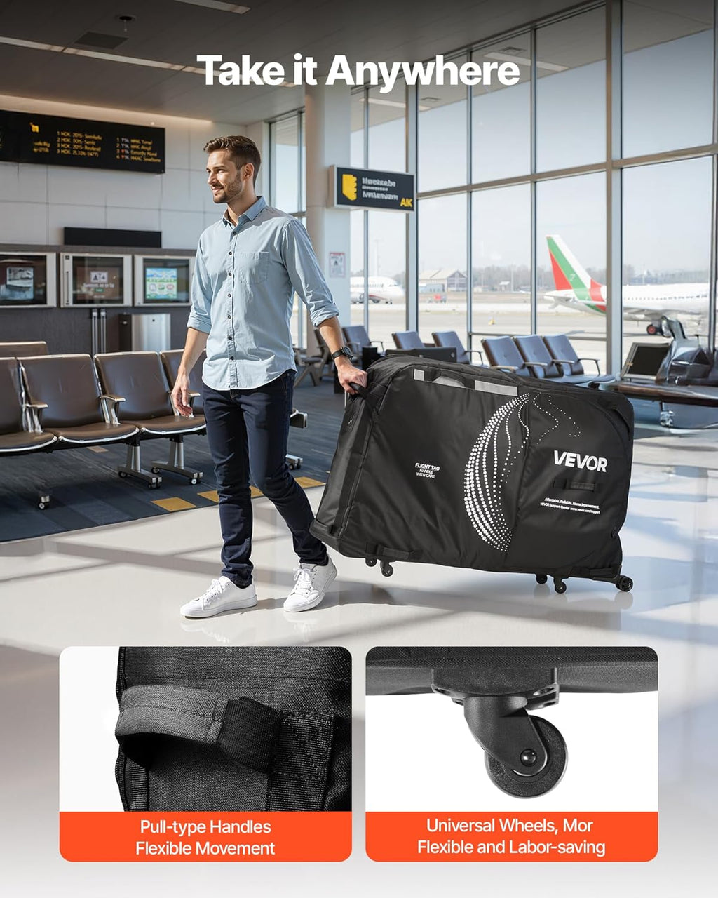 VEVOR Bike Travel Bag, Transport Universal Bicycle Storage Case Bag with TSA Lock, Support Plates, Protection and Fork Mount Stabilisation, Bicycle Case Max. Wheelbase 51 in for Airplane, Outdoor Use