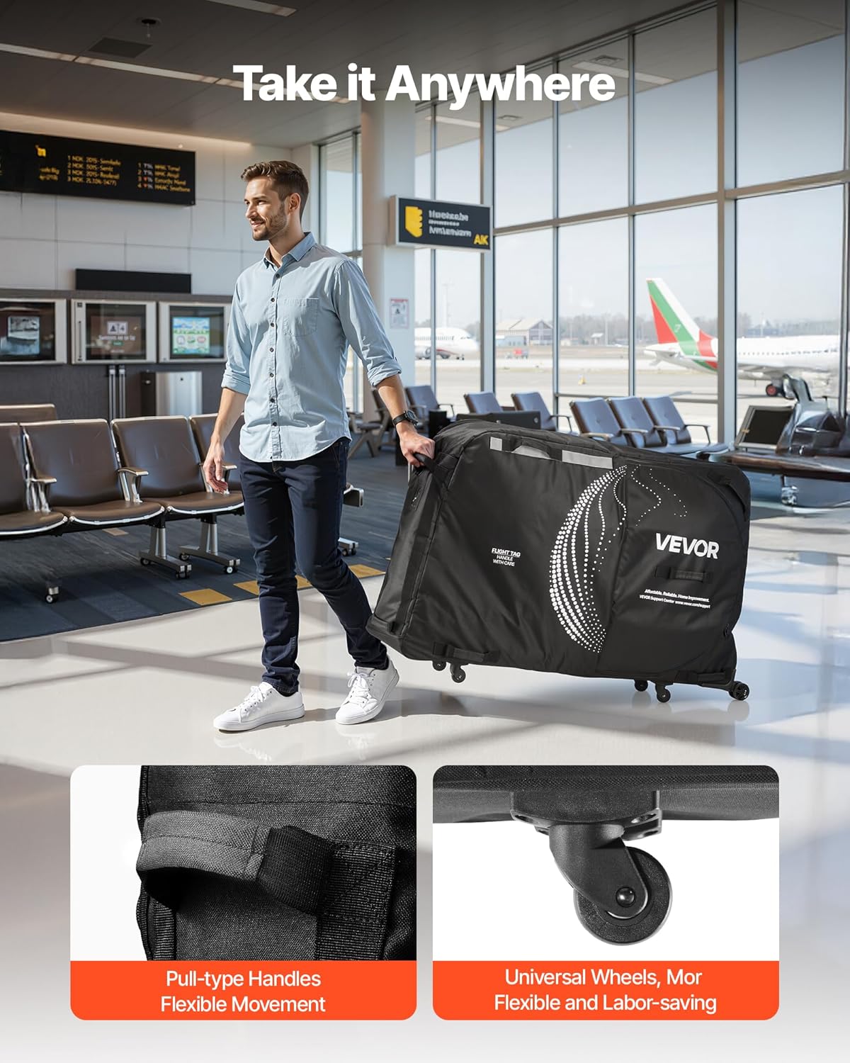 VEVOR Bike Travel Bag, Transport Universal Bicycle Storage Case Bag with TSA Lock, Support Plates, Protection and Fork Mount Stabilisation, Bicycle Case Max. Wheelbase 51 in for Airplane, Outdoor Use
