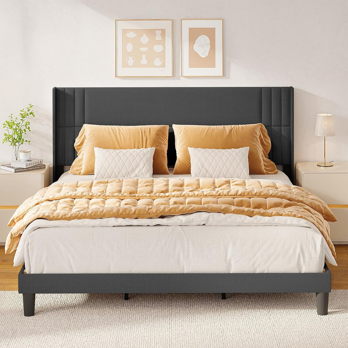 Gizoon King Bed Frame with Wingback Headboard, Upholstered Platform Bed with Modern Geometric Headboard, Wooden Slats, Noise-Free, No Box Spring Needed