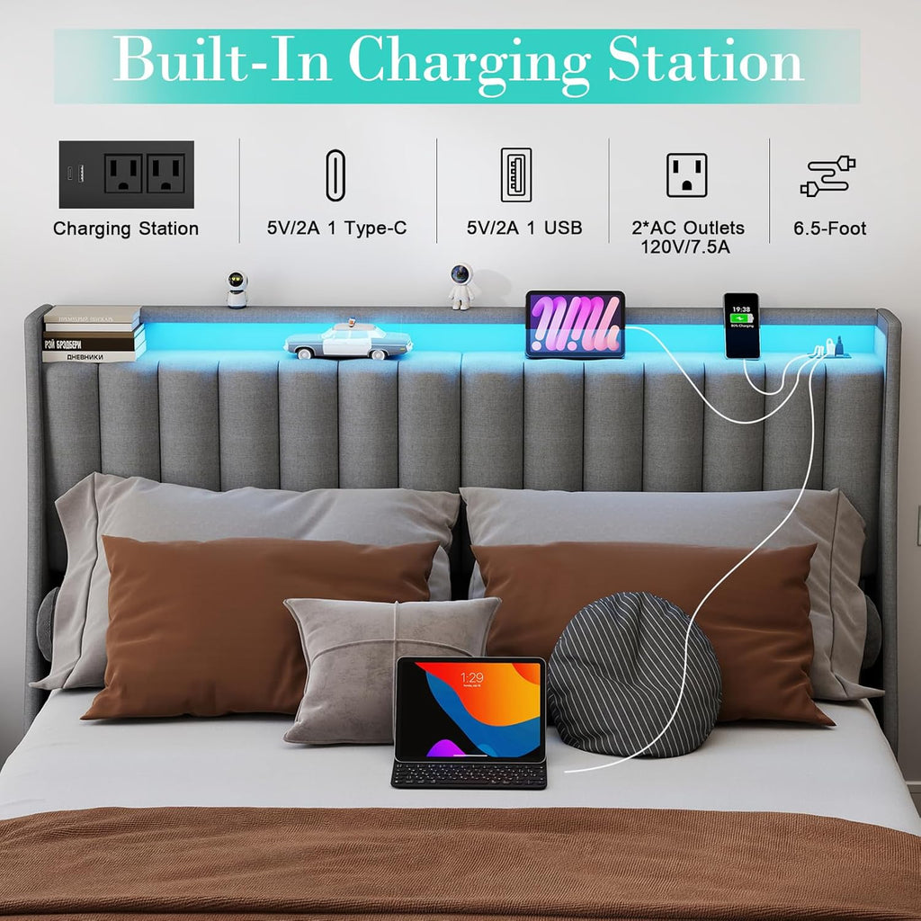 Doltoro Full Size Bed Frame with Headboard and 4 Storage Drawers, Upholstered Wingback Metal Platform Bed with LED Lights and Charging Station, No Box Spring Needed, Noise Free, Easy Assembly, Gray