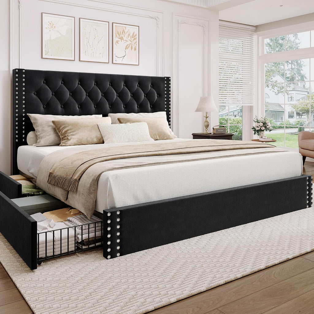 BRELTAM King Size Bed Frame with 4 Storage Drawers and Tufted Headboard Velvet Upholstered Platform Bed Frame with Heavy Duty Wood Slats, No Box Spring Needed, Black