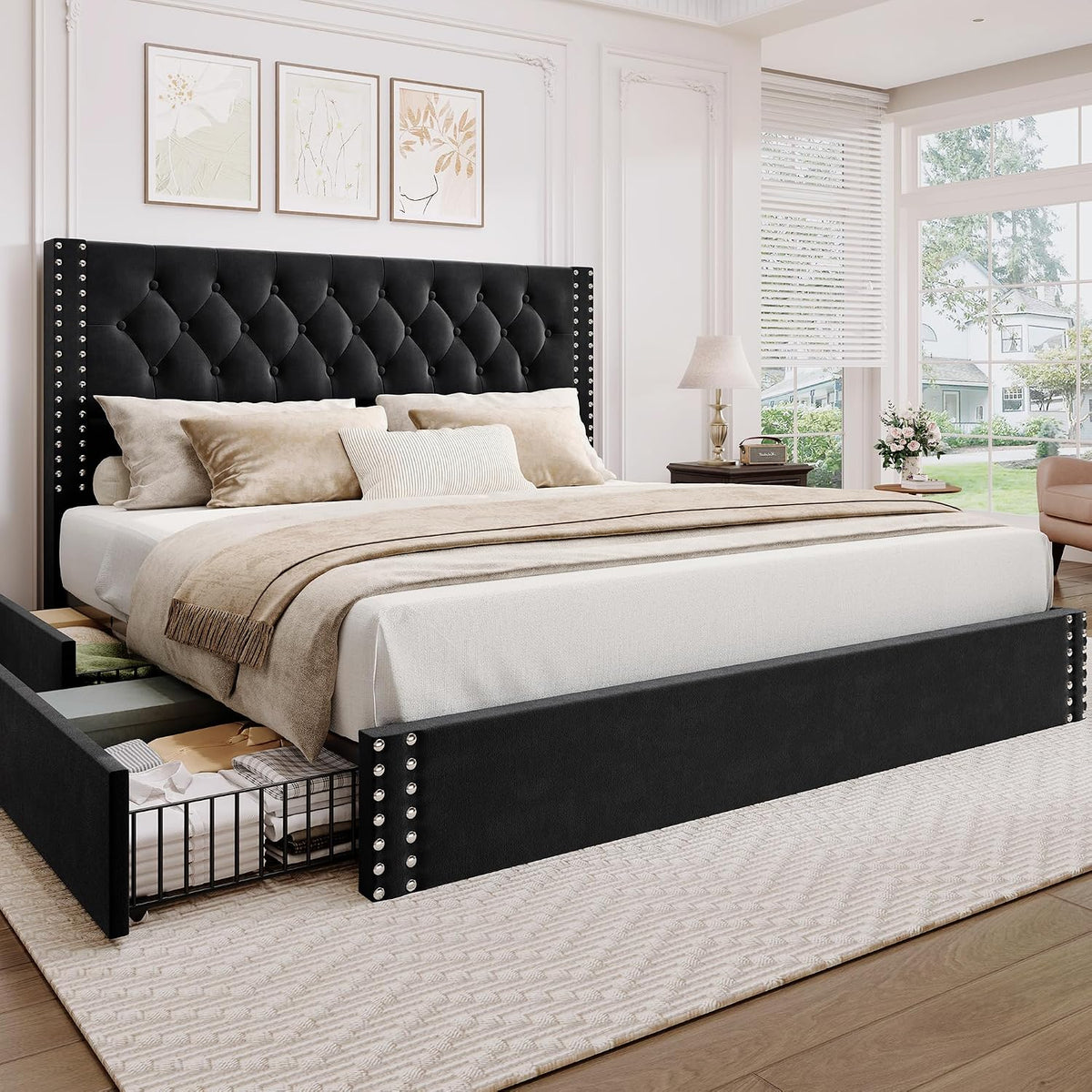 BRELTAM King Size Bed Frame with 4 Storage Drawers and Tufted Headboard Velvet Upholstered Platform Bed Frame with Heavy Duty Wood Slats, No Box Spring Needed, Black