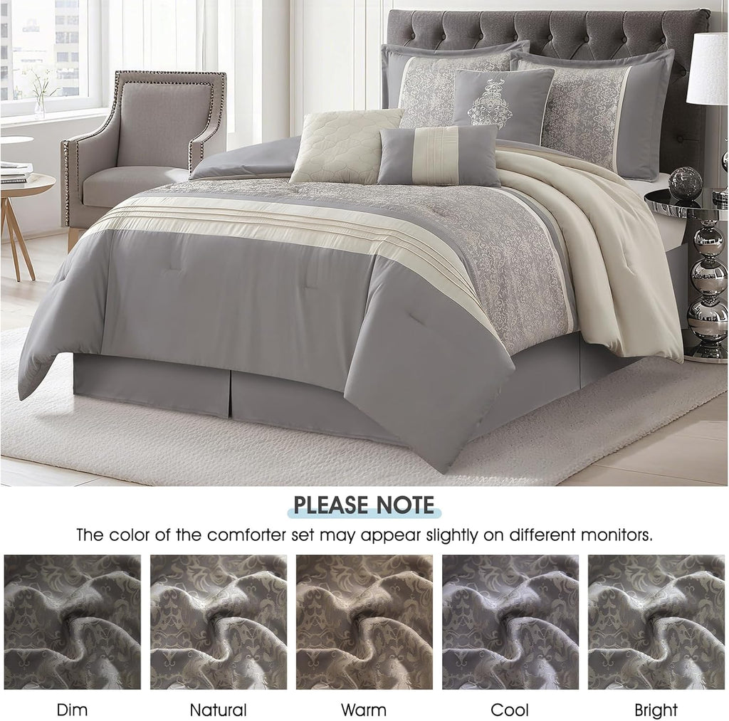 LANCO MODERN LIFESTYLE Grey California King Comforter Set, Damask Jacquard with Matching Solid Piece Work, 7 Piece Soft Bedding Set for All Season, Bed Skirt, Pillow Shams and Decorative Pillows