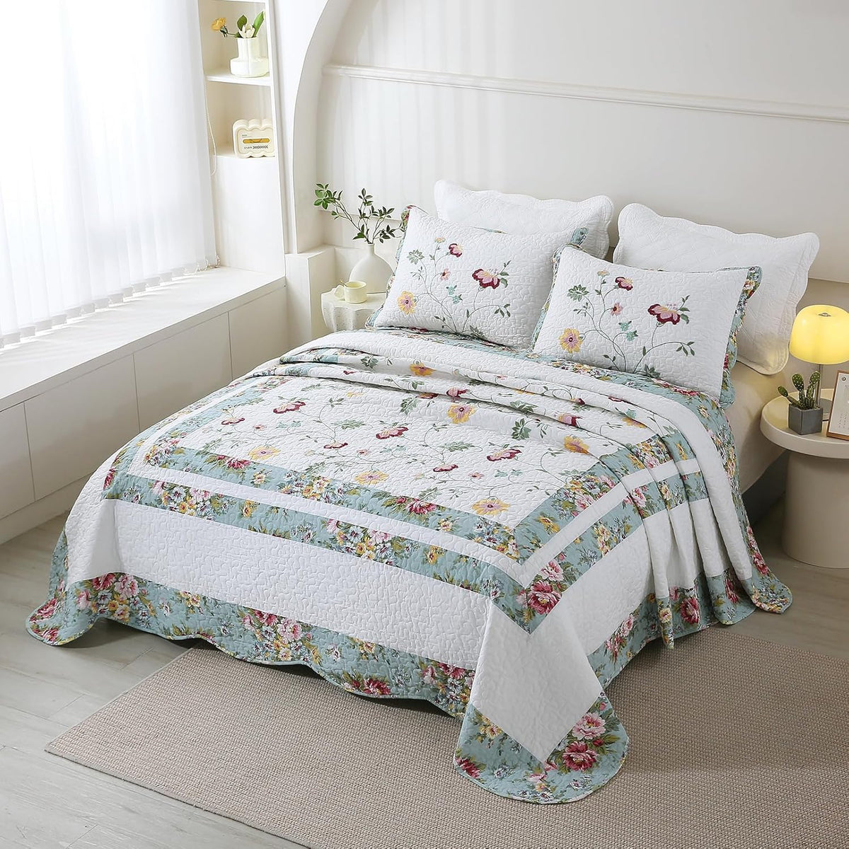vctops 3-Piece Elegant Floral Embroidered Bedspread Coverlet Set Oversize Queen 100% Cotton Reversible Patchwork 1 Quilt and 2 Pillow Shams (Flower G,Oversize Queen)