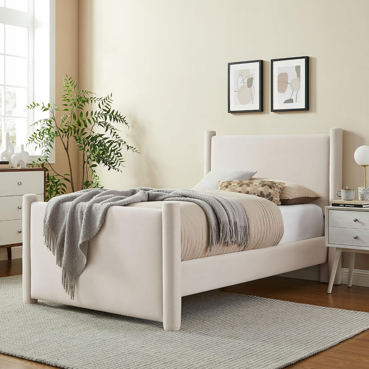 Modway Rael Twin Platform Bed Frame with Upholstered Headboard and Footboard in Alabaster