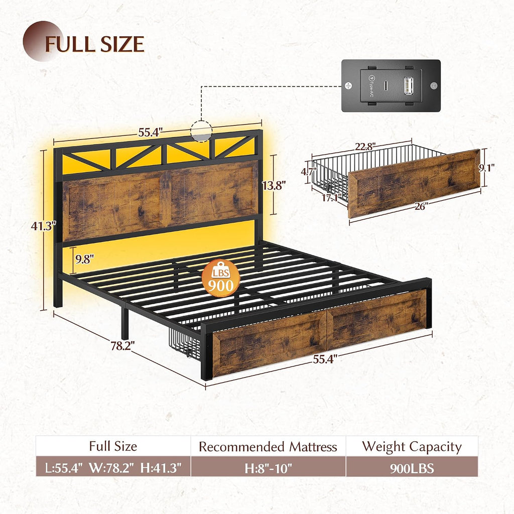 EnHomee Full Size Bed Frame with Headboard, 2 Large Drawers Platform Bed with LED Lights and Built-in Charging Station, No Box Spring Needed, Noise-Free Metal Bed for Bedroom, Brown