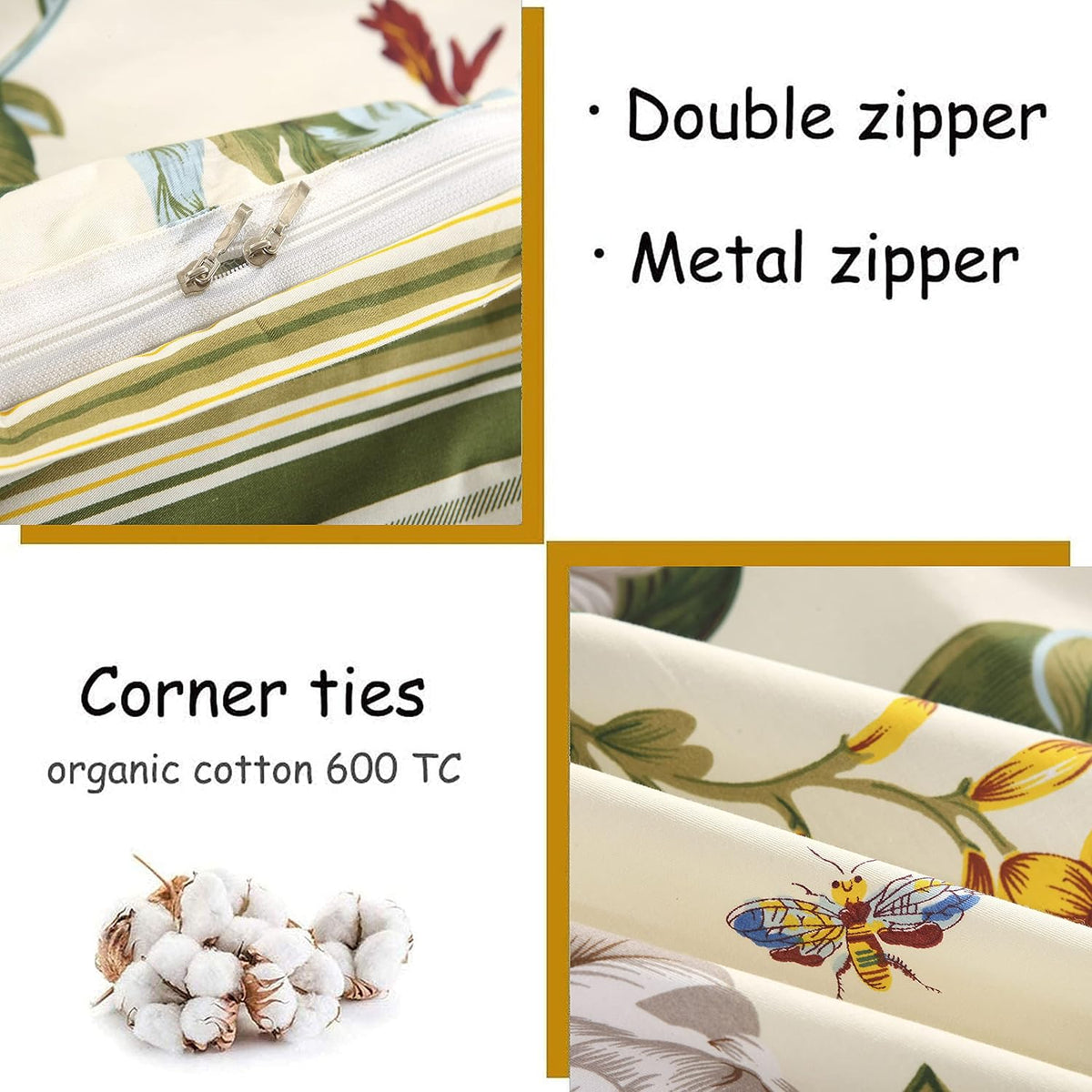 FADFAY Shabby Floral Bedding Set California King 7Pcs 100% Cotton Green Cream Flower Bed Sheets with Duvet Cover Set, Complete Bedding Bed in a Bag Vintage Countryside Soft Deep Pocket Fitted Sheets
