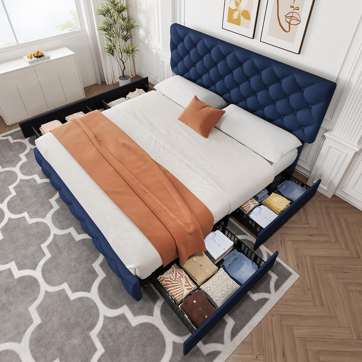 GarveeHome King Size Bed Frame with 4 Storage Drawers and Adjustable Headboard, Linen Upholstered Platform Beds, Diamond Stitched Button Tufted, No Box Spring Needed, Blue