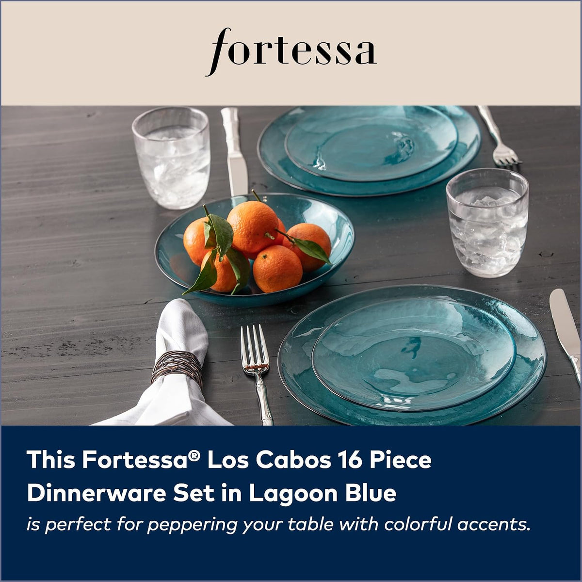 FORTESSA Los Cabos Tableware, 16-Piece Glass Dinnerware Set with 4 Dinner Plates, 4 Salad Plates, 4 Coupe Bowls and 4 Cereal Bowls, Dishwasher-Safe Glass Plate Set, Lagoon Blue