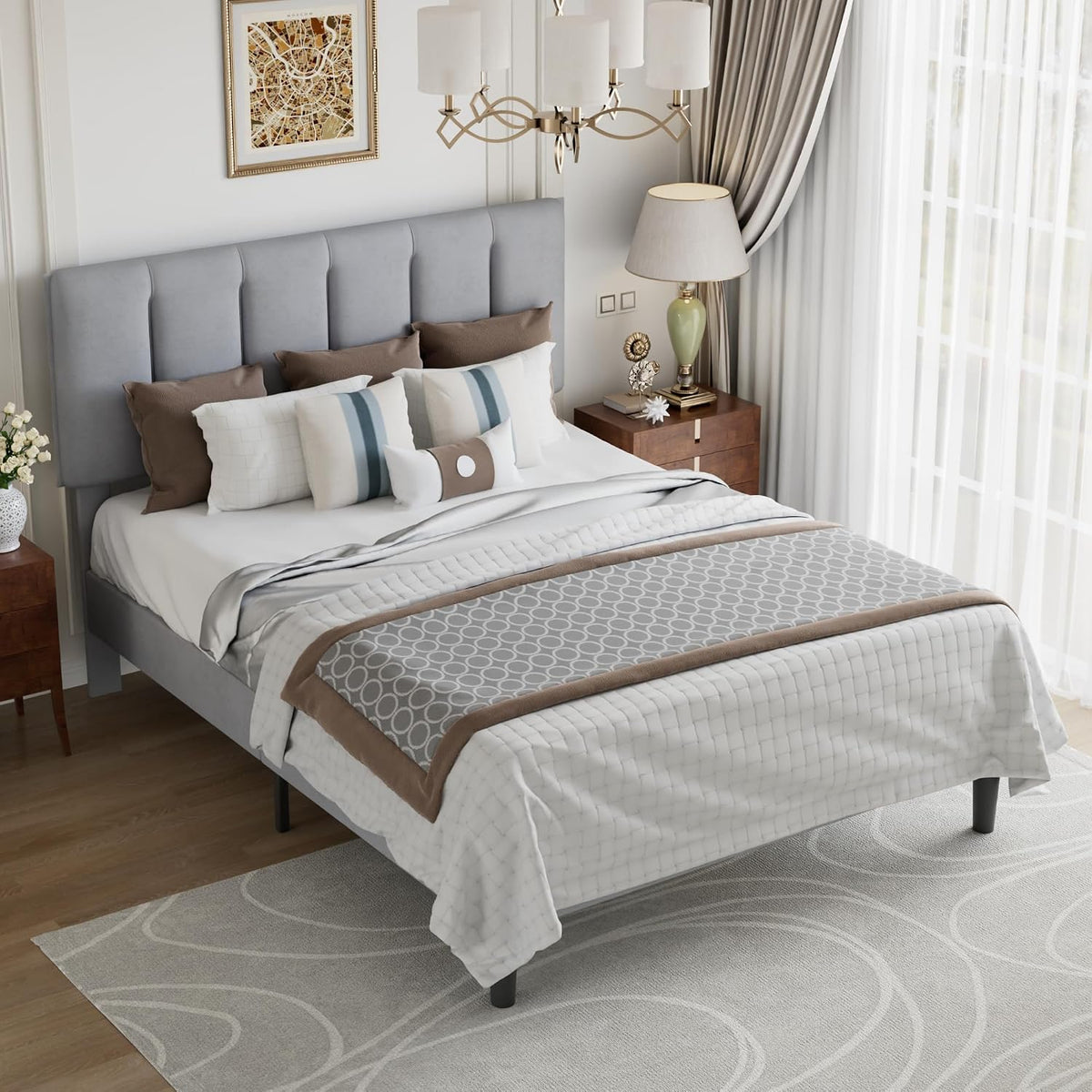 VECELO Full Bed Frame with Upholstered Headboard, Heavy-Duty Platform Bedframe with Strong Wooden Slats Support, No Boxing Spring Needed, Light Grey
