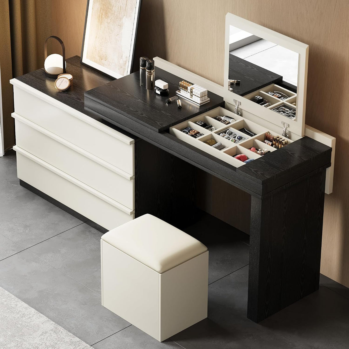 gaoyaangjiaju Mid Century Modern Makeup Vanity Desk, 47'-70' Extendable Makeup Desk with Mirror, Jewelry Organizer, Three Drawers and Matching Stool,Black & Beige