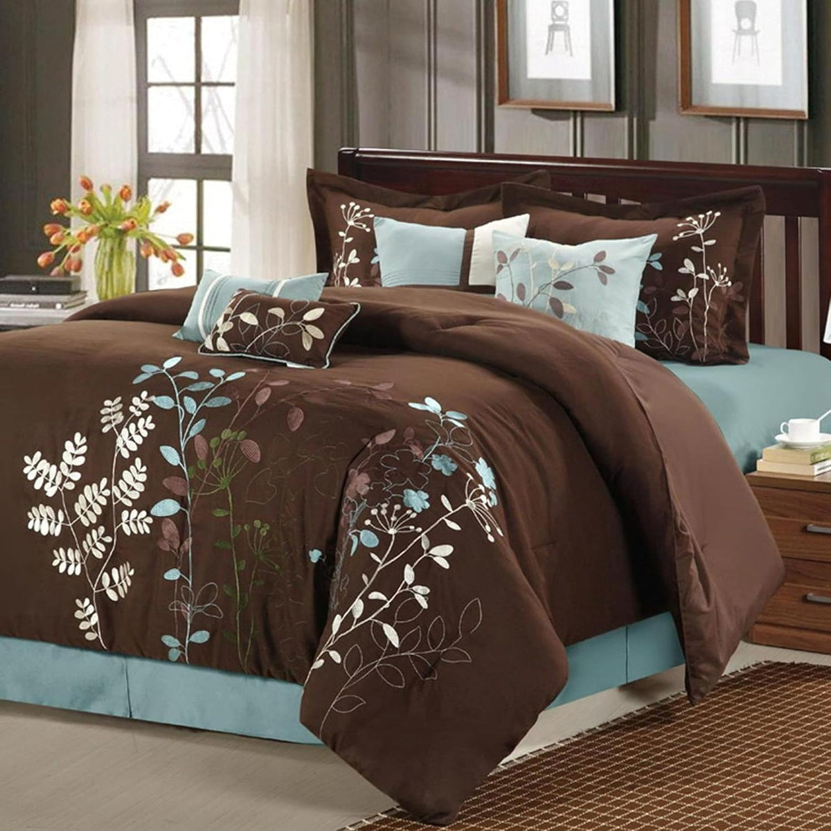 Chic Home Bliss Garden 8 Piece Embroidered Comforter Set, Queen, Brown